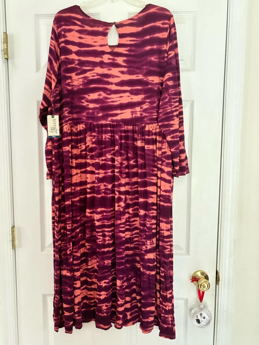 "Terra & Sky Plus Size Tie-Dye Maxi Dress, Long Sleeve Empire Waist Boho Dress,